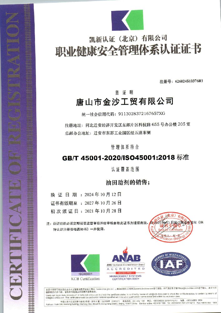 健康、環(huán)境與安全管理體系認(rèn)證證書